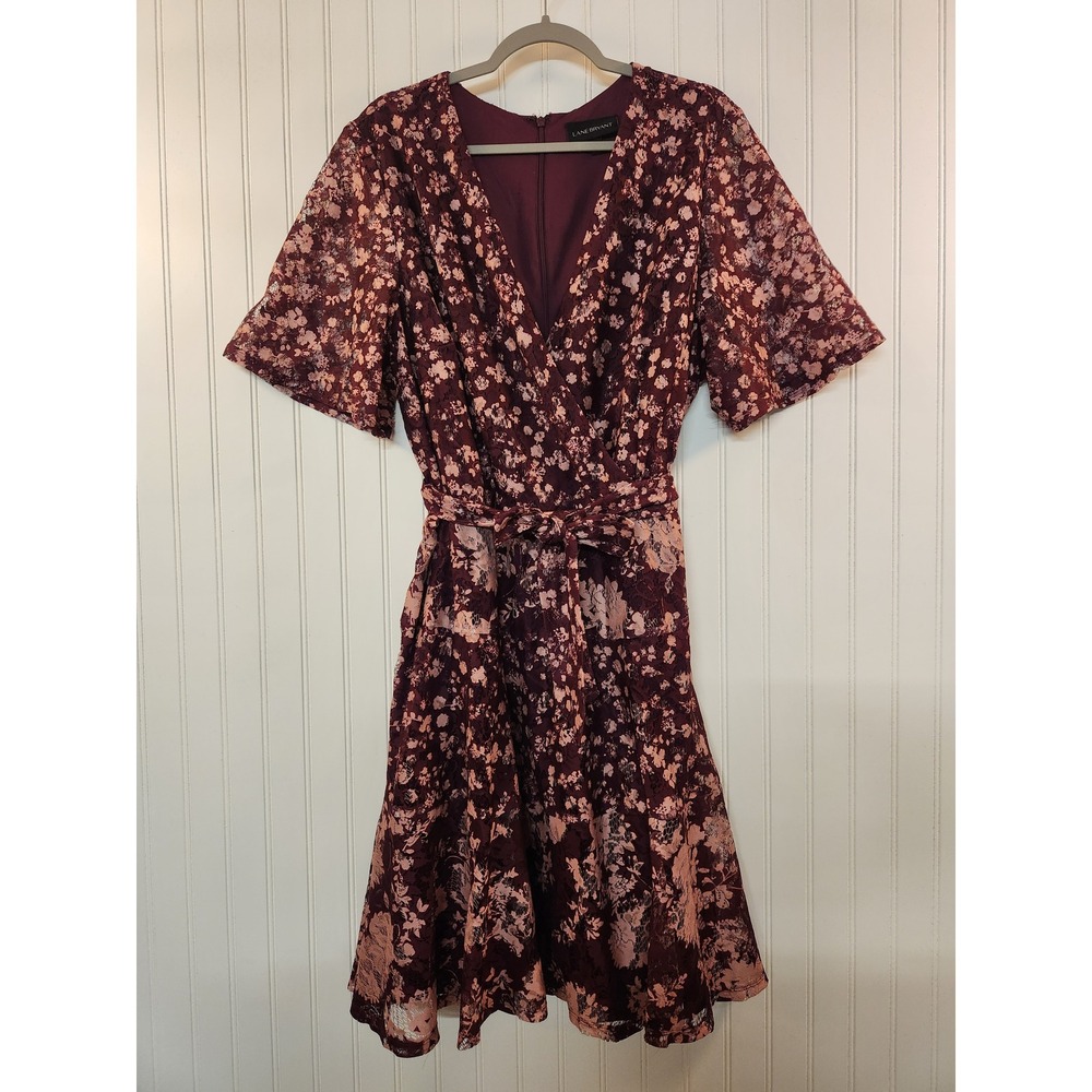 Lane Bryant Burgundy Floral Lace Wrap Dress Short Sleeve V-Neck Plus Size 20